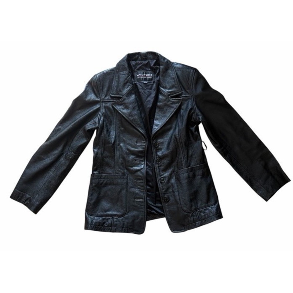 Wilsons Womens Black Leather Blazer Jacket Lined Button Front Size L - No Belt